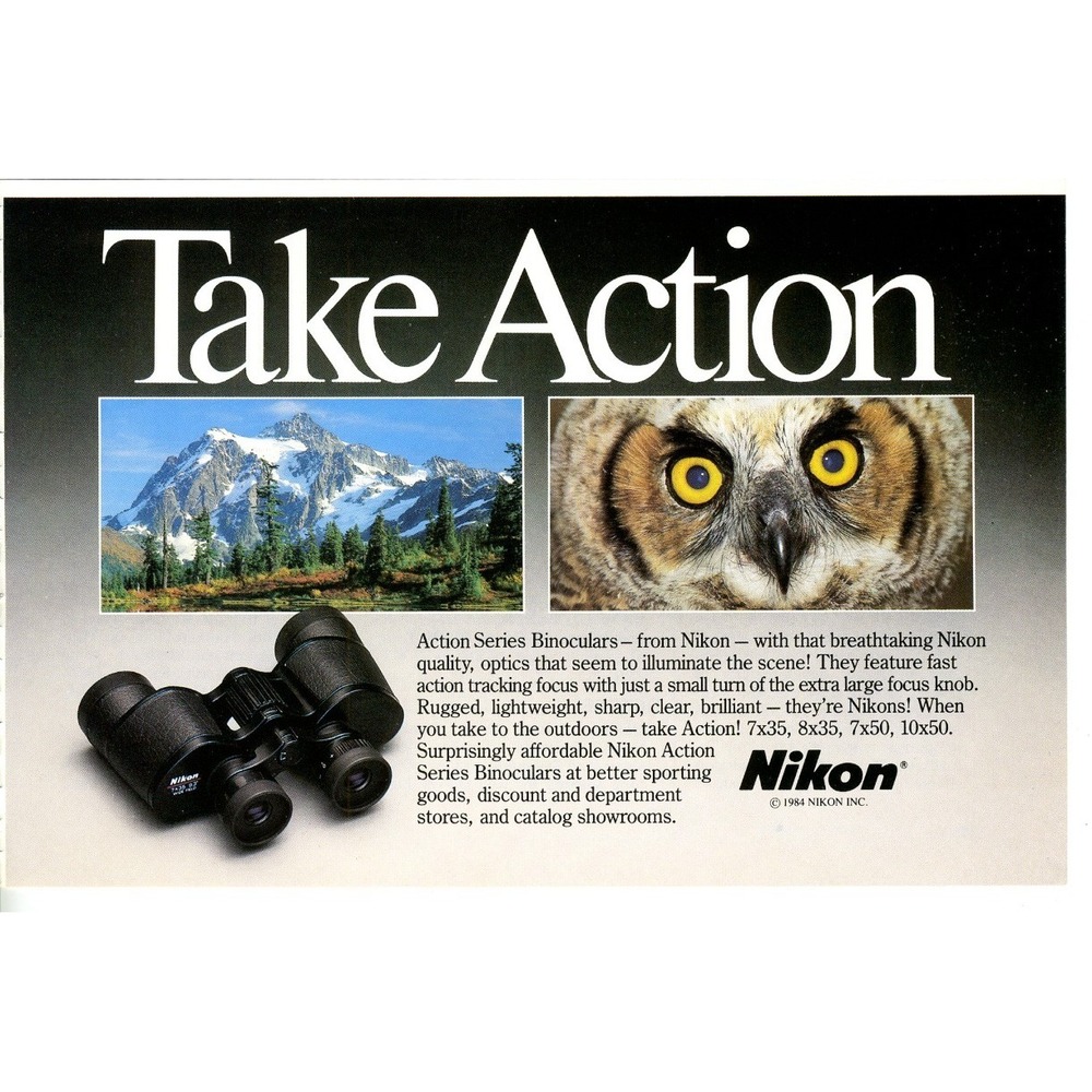 Vintage 1984 Print Ad Nikon Binoculars Action Series Outdoors Mountains‎ Owl